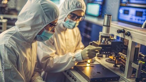 Clean semiconductor lab with engineers in protective suits operating laser-guided machinery to create microchips