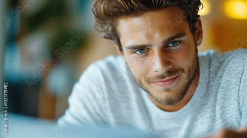 A close-up image shows a young man's confident smile in a warm lit environment, reflecting relaxation, positivity and interpersonal connection.