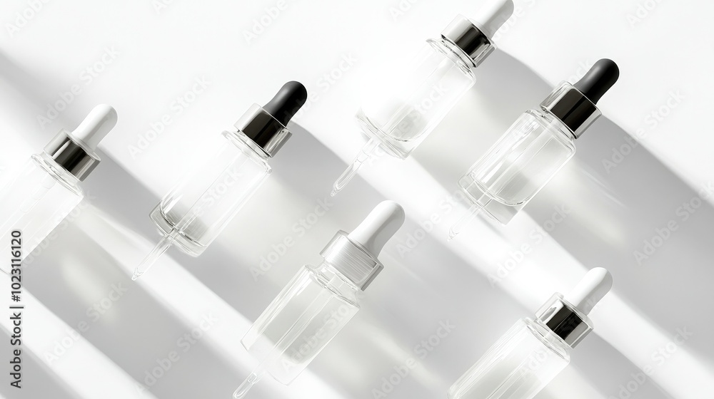 Transparent serum bottles with droppers, aligned on a white background, highlighting a sleek look.