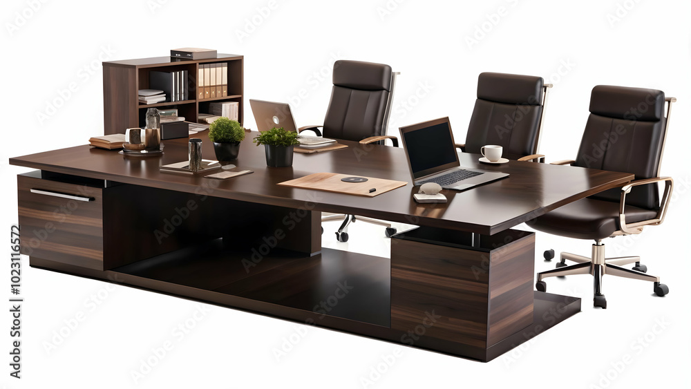Flat Glossy Office Environment with Neatly Arranged Marketing Materials: A Professional and Polished Wide Angle Vector Illustration