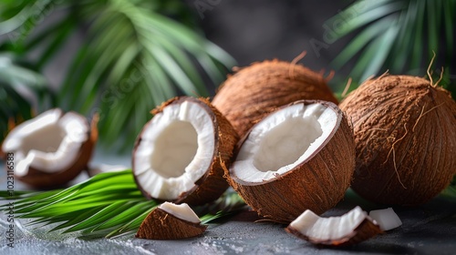 coconuts with leaves on a dark background