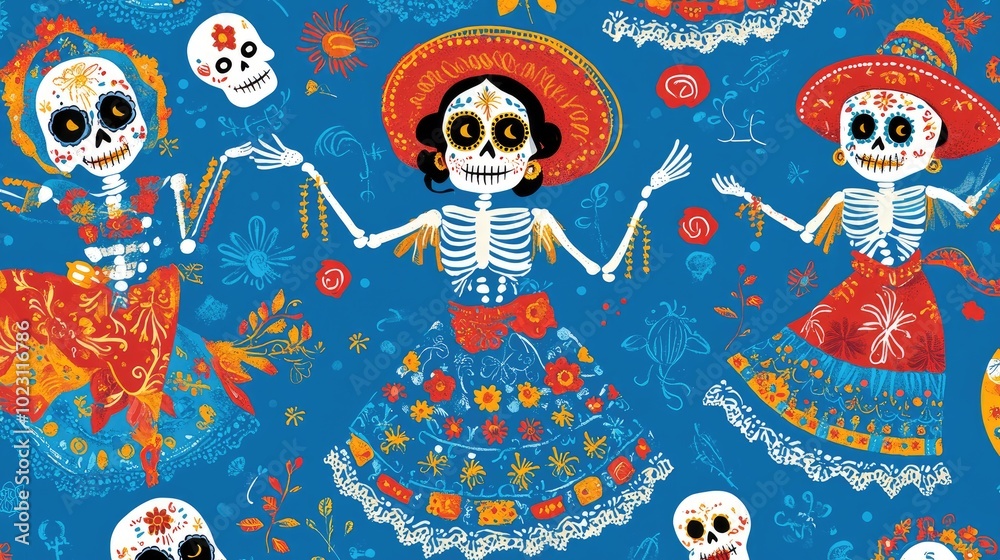 Colorful and vibrant Day of the Dead skeleton design featuring festive outfits and floral patterns on a blue background. Colorful and vibrant Day of the Dead skeleton design featuring festive outfits and floral patterns on a blue background.