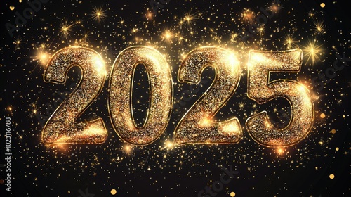 "2025" text in glitter with sparkling light effects, joyous New Year design.