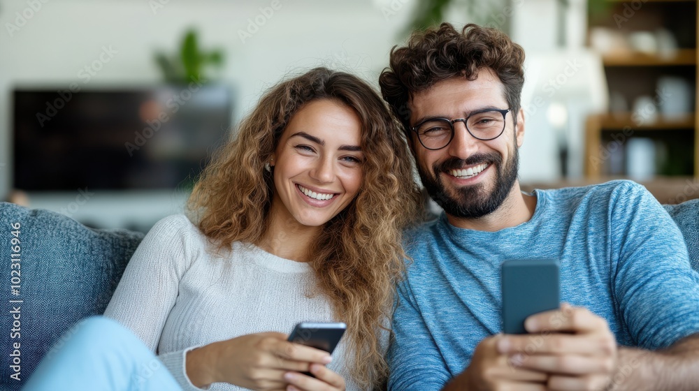 This stylish duo shares smiles and enjoys using their smartphones together in a warm, inviting living room, representing modern communication and connectivity. This stylish duo shares smiles and enjoys using their smartphones together in a warm, inviting living room, representing modern communication and connectivity.