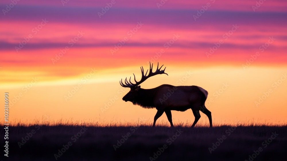 Rocky Mountain sunrise silhouette of a huge bull elk stag strolling across the plains against the sky Wapiti, Cervus canadensis, and elk Rocky Mountain sunrise silhouette of a huge bull elk stag strolling across the plains against the sky Wapiti, Cervus canadensis, and elk