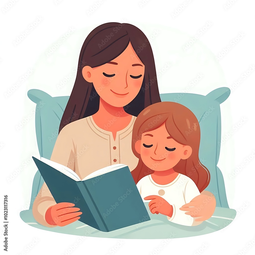 A mother sitting on the bed, reading a bedtime story to her child in flat design style. Cozy family moment, perfect for parenting and childhood-related content. White background. A mother sitting on the bed, reading a bedtime story to her child in flat design style. Cozy family moment, perfect for parenting and childhood-related content. White background.