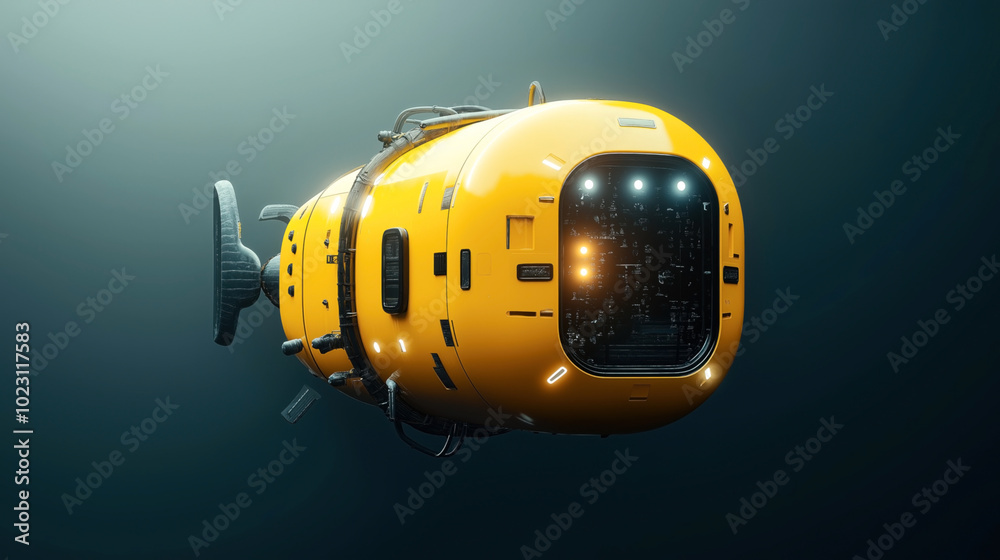 Yellow underwater drone or submersible with illuminated control panel navigating through deep ocean, showcasing marine technology and exploration equipment. Yellow underwater drone or submersible with illuminated control panel navigating through deep ocean, showcasing marine technology and exploration equipment.