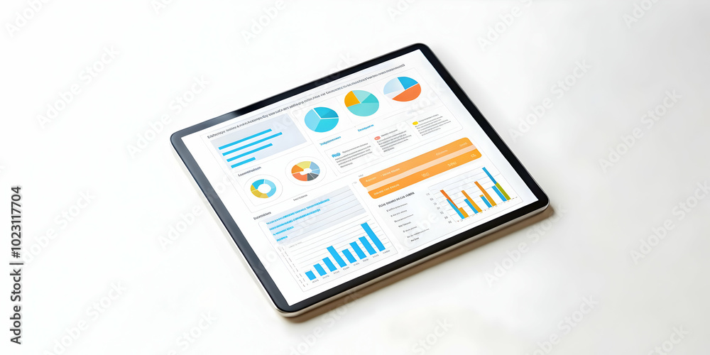 Flat Glossy Tablet Displaying Marketing Content Creation Tools & Project Outlines - Close-Up Vector Illustration of Digital Marketing Essentials in Modern Business