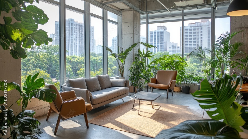 A huge, modern office lounge with a plush couch, lots of windows, tall chairs, lush greenery, and an organized workstation A huge, modern office lounge with a plush couch, lots of windows, tall chairs, lush greenery, and an organized workstation