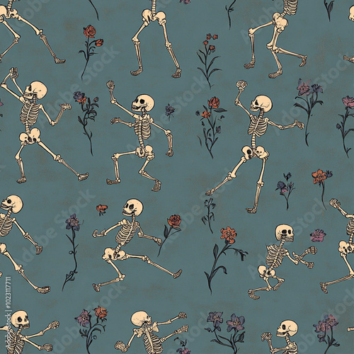 Halloween pattern with skeleton and flowers, cartoon style. Background in sage color.