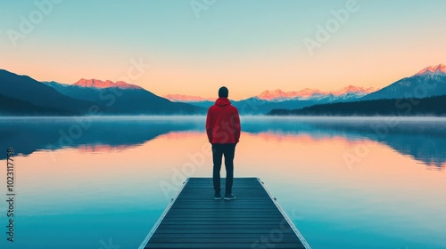 A lone figure stands on a wooden dock gazing out over the calm reflective surface of a serene lake at sunrise The scene evokes a sense of tranquility contemplation and the promise of new beginnings