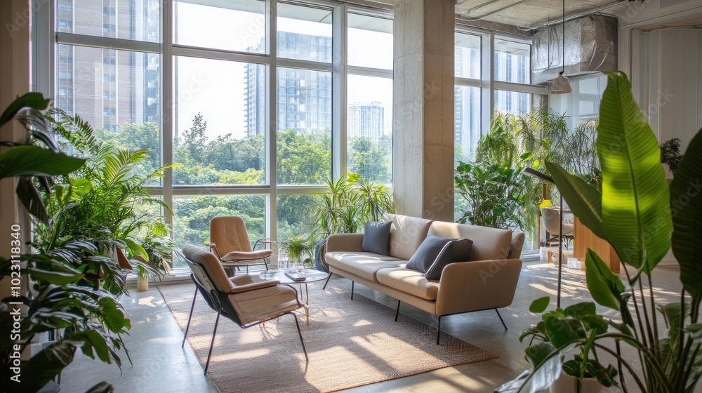 A huge, modern office lounge with a plush couch, lots of windows, tall chairs, lush greenery, and an organized workstation A huge, modern office lounge with a plush couch, lots of windows, tall chairs, lush greenery, and an organized workstation
