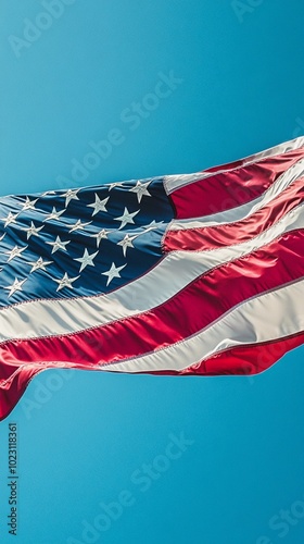 Obraz na płótnie background featuring the American flag, flowing in the wind with space for text, vibrant colors, patriotic, simple and clean design, bright lighting, clear blue sky in the background w salonie