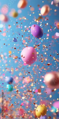 Colorful confetti and pastel eggs falling against a bright blue background.