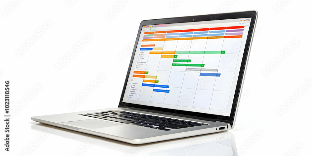 Flat Glossy Laptop Displaying Marketing Software with Project Timeline - Close-Up Illustration Emphasizing Planning and Organization in Smart Business Flat Glossy Laptop Displaying Marketing Software with Project Timeline - Close-Up Illustration Emphasizing Planning and Organization in Smart Business