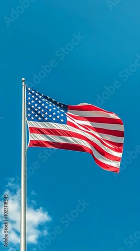 background featuring the American flag, flowing in the wind with space for text, vibrant colors, patriotic, simple and clean design, bright lighting, clear blue sky in the background