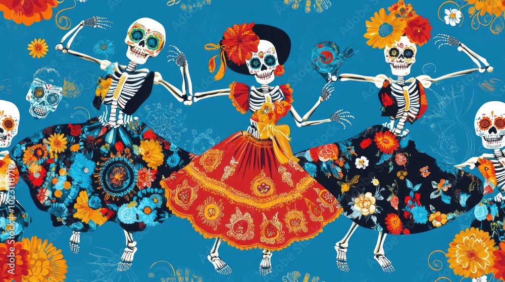 Colorful skeletons in vibrant dresses celebrate life in a joyful dance. A rich cultural expression for Day of the Dead. Colorful skeletons in vibrant dresses celebrate life in a joyful dance. A rich cultural expression for Day of the Dead.