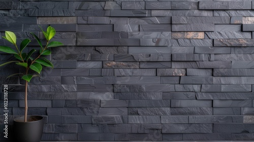 Charcoal Grey Brick Wall with Metallic Accents, a modern design element showcasing a textured surface paired with sleek metallic features for a sophisticated ambiance. photo