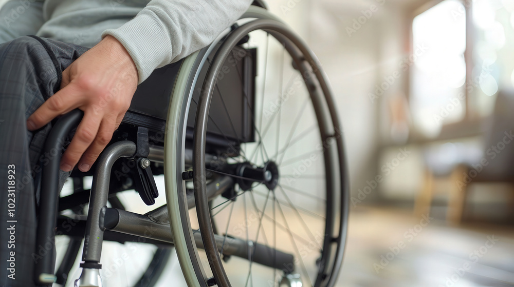 Fototapeta premium Empowered Living, a close-up of a person in a wheelchair engaging with a smart home system, showcasing modern design and the independence technology provides in daily life