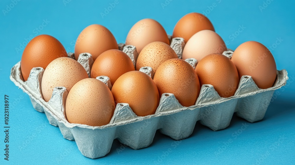 Carton of farm-fresh eggs, arranged on a sky-blue background, vibrant color contrast. Carton of farm-fresh eggs, arranged on a sky-blue background, vibrant color contrast.