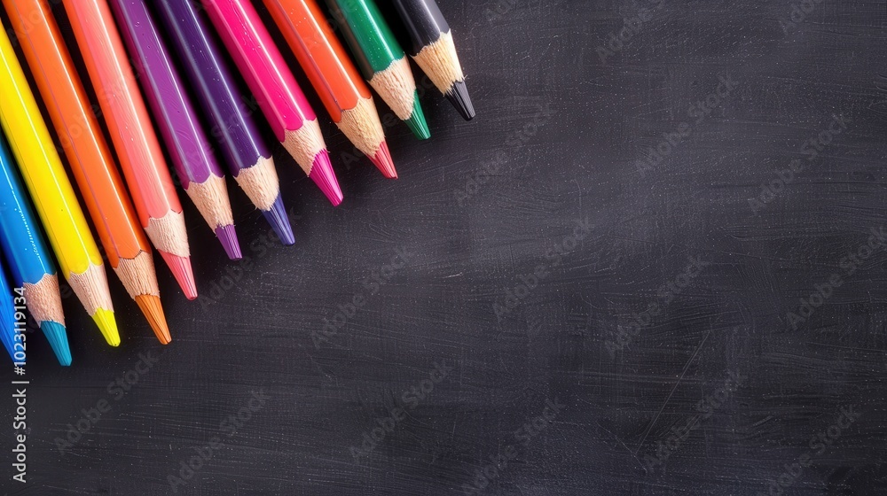 Vibrant Pencils on Chalkboard, a creative arrangement of colorful pencils resting on a dark chalkboard surface, inviting artistic exploration in an educational setting Vibrant Pencils on Chalkboard, a creative arrangement of colorful pencils resting on a dark chalkboard surface, inviting artistic exploration in an educational setting