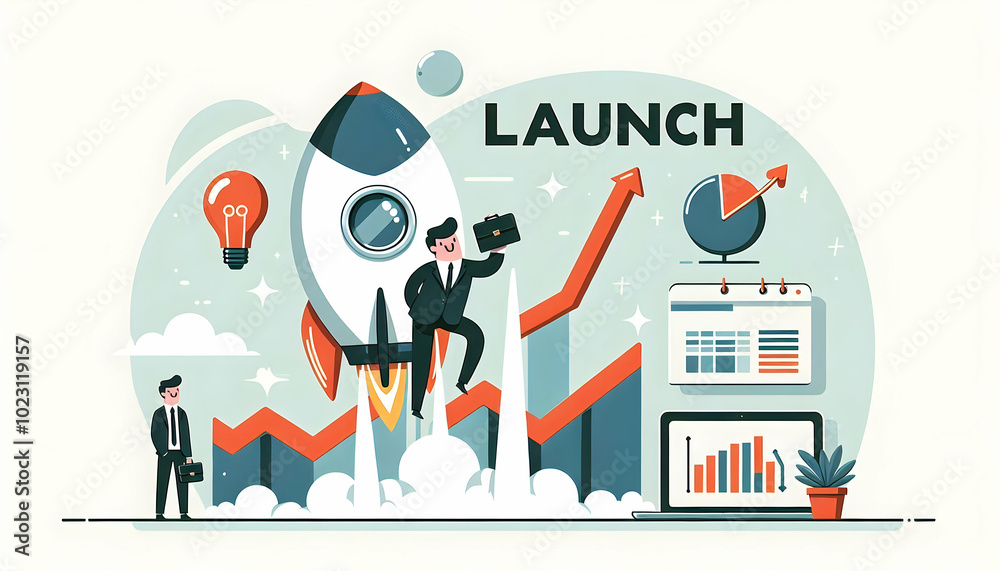 Flat Vector Illustration of a Rocket Launch with Rising Graph Concept for Business Growth and Success Flat Vector Illustration of a Rocket Launch with Rising Graph Concept for Business Growth and Success