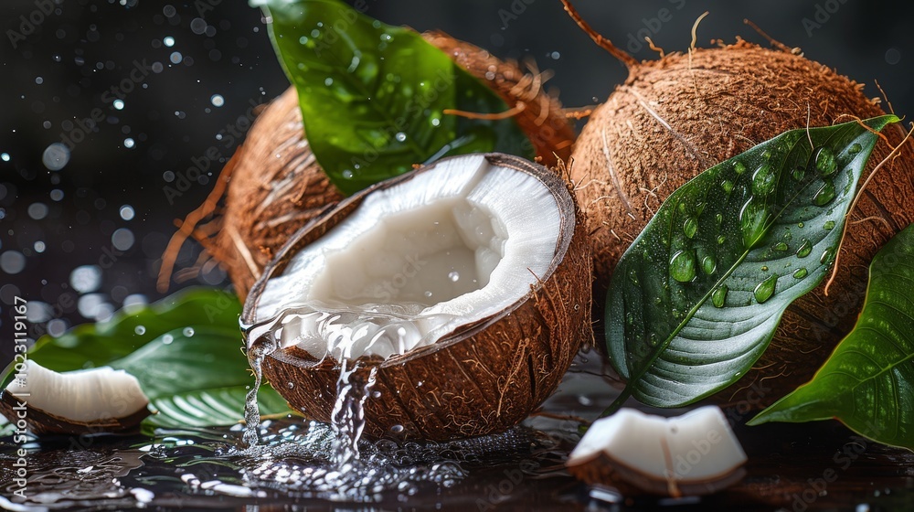coconuts with leaves on a dark background coconuts with leaves on a dark background