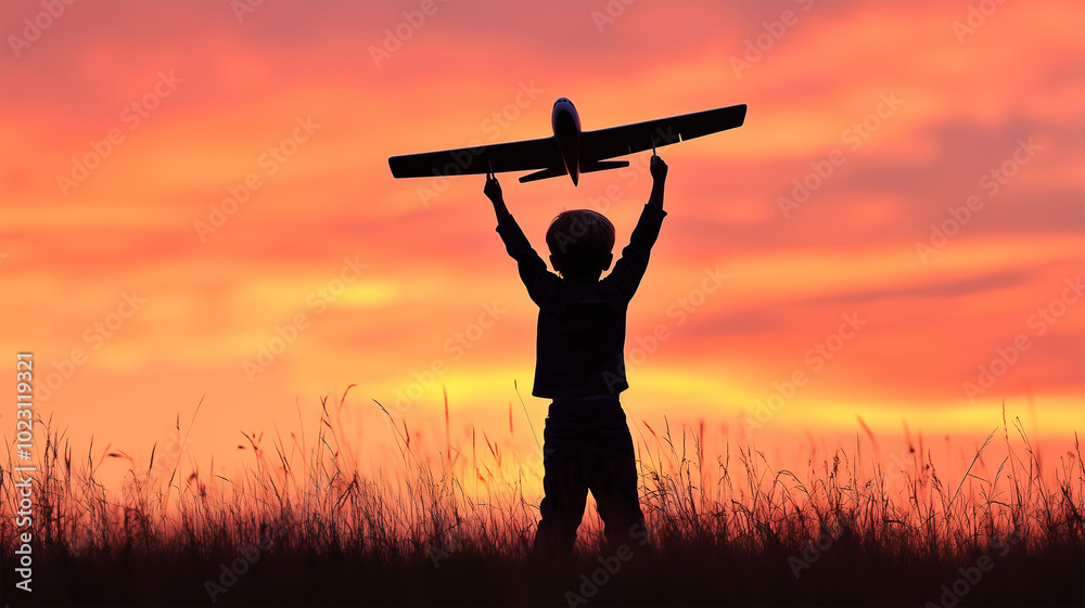 夕焼けの丘で飛行機を掲げる少年のシルエット 夕焼けの丘で飛行機を掲げる少年のシルエット