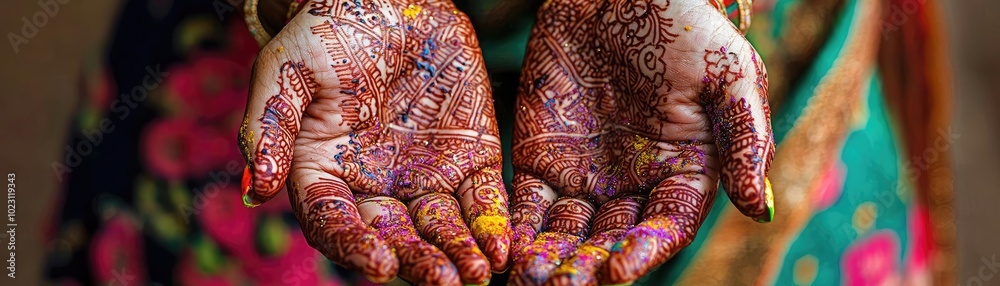 Beautifully adorned hands showcasing intricate henna designs and vibrant colors during a cultural celebration. Beautifully adorned hands showcasing intricate henna designs and vibrant colors during a cultural celebration.