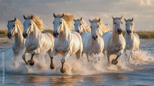 Running out of the water are the white horses of the Camargue in France.