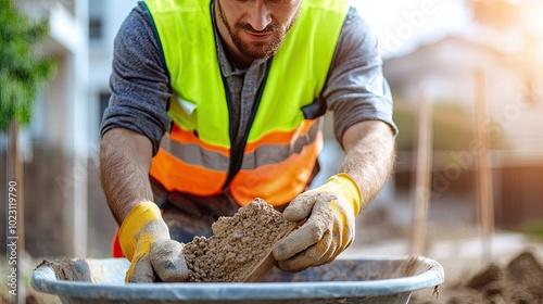 Construction worker in safety gear mixing cement using a wheelbarrow on a building site during the day.