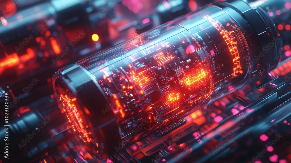 Transparent capsules with glowing gears and circuits, drifting gracefully through a cyberpunk metropolis, bathed in neon hues and dynamic lighting