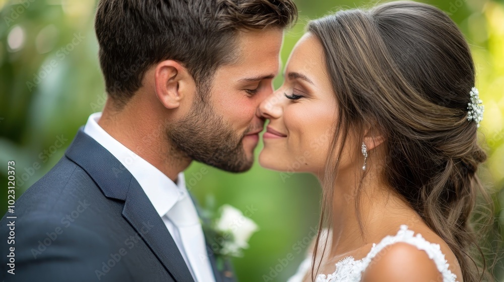 A bride and groom lovingly embrace, surrounded by lush greenery, symbolizing their romantic connection during their special wedding celebration outside. A bride and groom lovingly embrace, surrounded by lush greenery, symbolizing their romantic connection during their special wedding celebration outside.