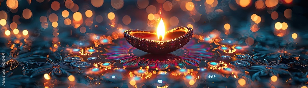 A vibrant diya illuminates a colorful pattern, surrounded by twinkling lights, symbolizing joy and celebration. A vibrant diya illuminates a colorful pattern, surrounded by twinkling lights, symbolizing joy and celebration.