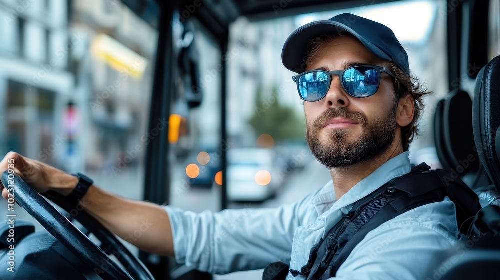 A bus driver wearing sunglasses and a cap confidently navigates a bus through bustling city streets, embodying focus and professionalism in an urban setting. A bus driver wearing sunglasses and a cap confidently navigates a bus through bustling city streets, embodying focus and professionalism in an urban setting.