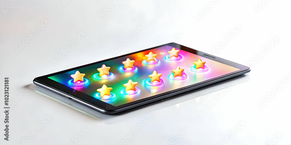 Flat Glossy Tablet with Holographic Icons and Reviews for E-commerce Marketing - High Angle Vector Illustration with White Background Flat Glossy Tablet with Holographic Icons and Reviews for E-commerce Marketing - High Angle Vector Illustration with White Background