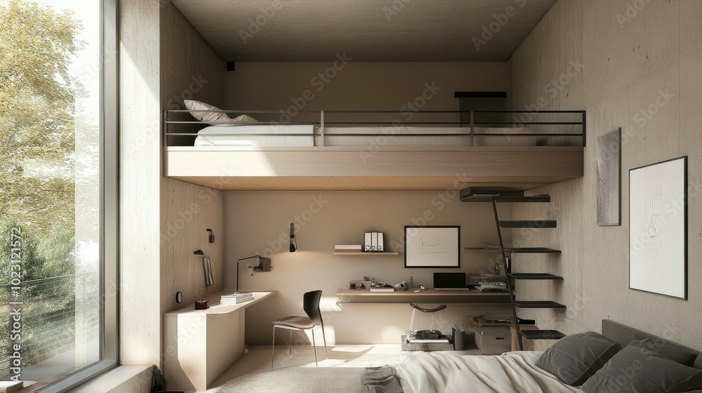 Contemporary bedroom with a loft bed, neat workspace underneath, minimal design. Contemporary bedroom with a loft bed, neat workspace underneath, minimal design.