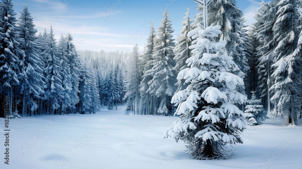 Serene Winter Forest, a tranquil snowy landscape featuring a prominent tree in the foreground surrounded by a quiet, frosted woodland setting. Serene Winter Forest, a tranquil snowy landscape featuring a prominent tree in the foreground surrounded by a quiet, frosted woodland setting.