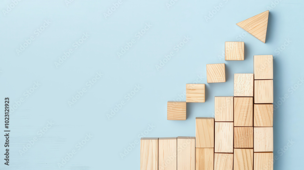 Wooden blocks forming an upward arrow, representing growth and financial advancement, designed for clear messaging and ample space for additional text Wooden blocks forming an upward arrow, representing growth and financial advancement, designed for clear messaging and ample space for additional text