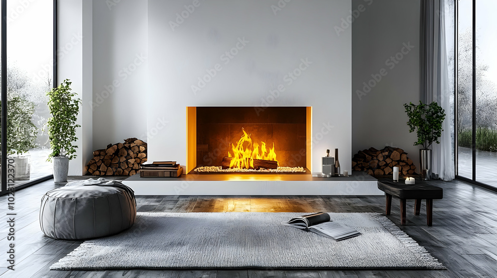 Cozy modern living room with a fireplace and natural decor. Cozy modern living room with a fireplace and natural decor.