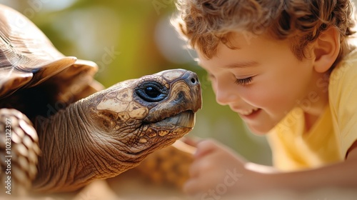 A young boy, full of delight, closely observes a large tortoise in a sunny environment, symbolizing themes of curiosity, nature's wonder, and childhood exploration. photo