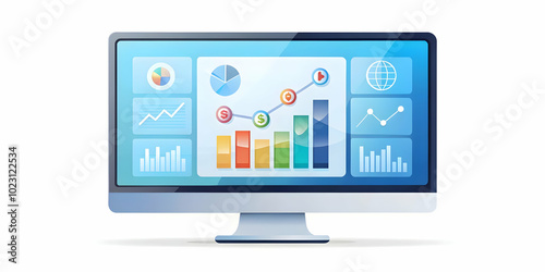 Flat Glossy Desktop Monitor with Holographic Financial Dashboards and Floating Currency Symbols - Medium Angle Professional Vector Illustration for Corporate Finance Presentations with Ample Copy Spac