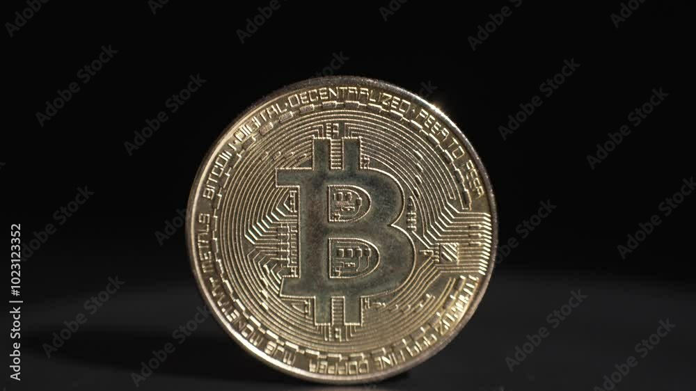Tilt down to close up of a golden bitcoin coin Tilt down to close up of a golden bitcoin coin