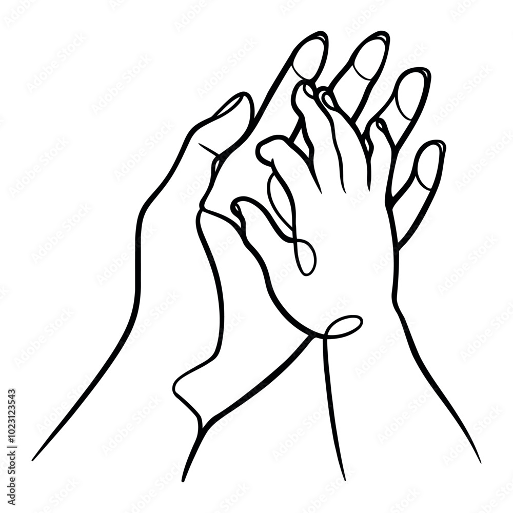 Mother and child hands continuous line illustration. One line drawing of adult and young palm hand holding with love vector. Mother and child hands continuous line illustration. One line drawing of adult and young palm hand holding with love vector.