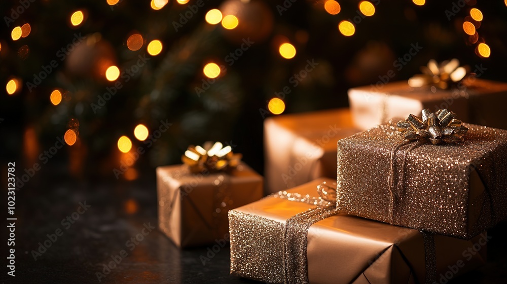 Golden gifts with festive lights on dark backdrop Golden gifts with festive lights on dark backdrop