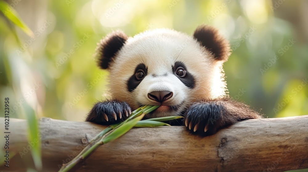 An endearing panda cub is curiously peeking over a wooden log, surrounded by soft green leaves, capturing the tender and inquisitive nature of young wildlife. An endearing panda cub is curiously peeking over a wooden log, surrounded by soft green leaves, capturing the tender and inquisitive nature of young wildlife.