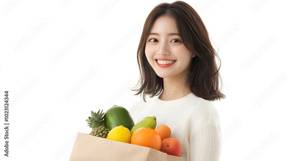 果物の入った袋を持った笑顔の日本人女性 果物の入った袋を持った笑顔の日本人女性