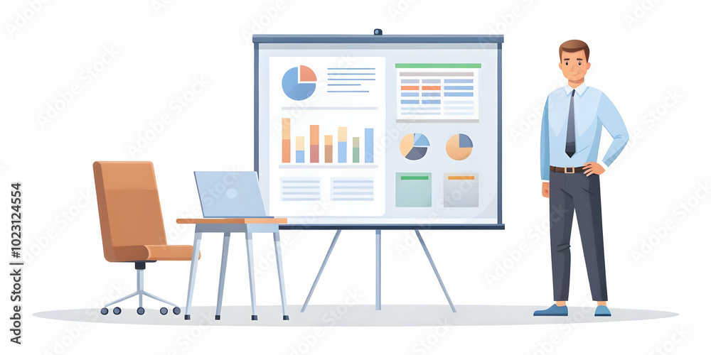 Flat Glossy Office with Presentation Board Showcasing Marketing Strategies - A Wide Angle Vector Illustration of Professional Marketing Planning Flat Glossy Office with Presentation Board Showcasing Marketing Strategies - A Wide Angle Vector Illustration of Professional Marketing Planning