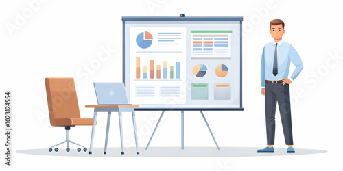 Flat Glossy Office with Presentation Board Showcasing Marketing Strategies - A Wide Angle Vector Illustration of Professional Marketing Planning