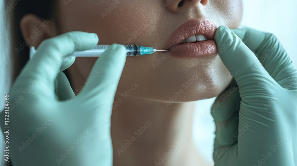 Gloved hand holding a syringe near the cheek, ready to administer a cosmetic injection. Gloved hand holding a syringe near the cheek, ready to administer a cosmetic injection.